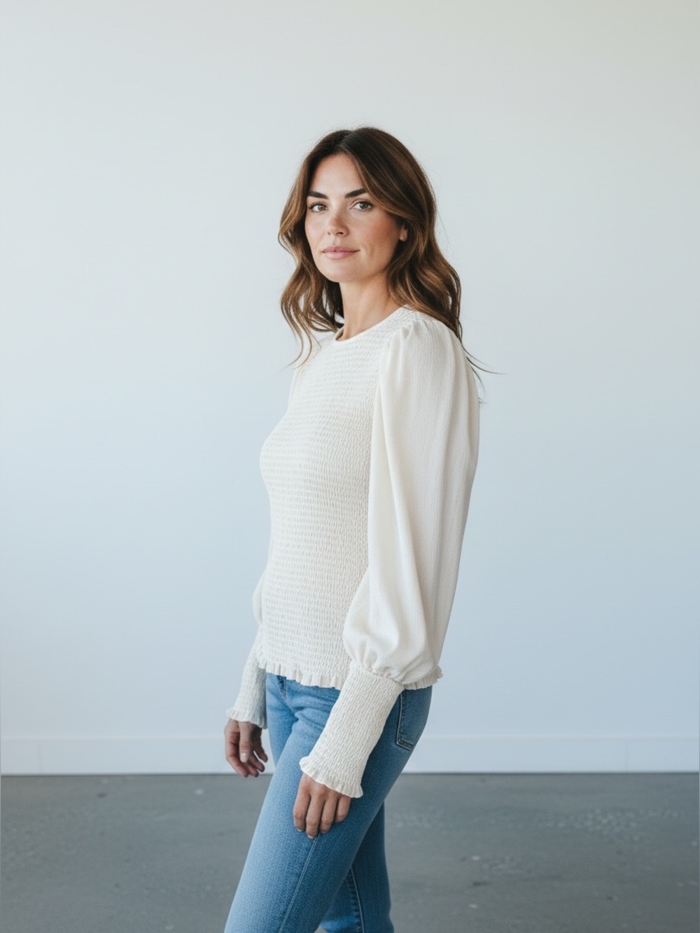 Anthropologie Ivory Smocked Puff Sleeve Long-Sleeve Top M